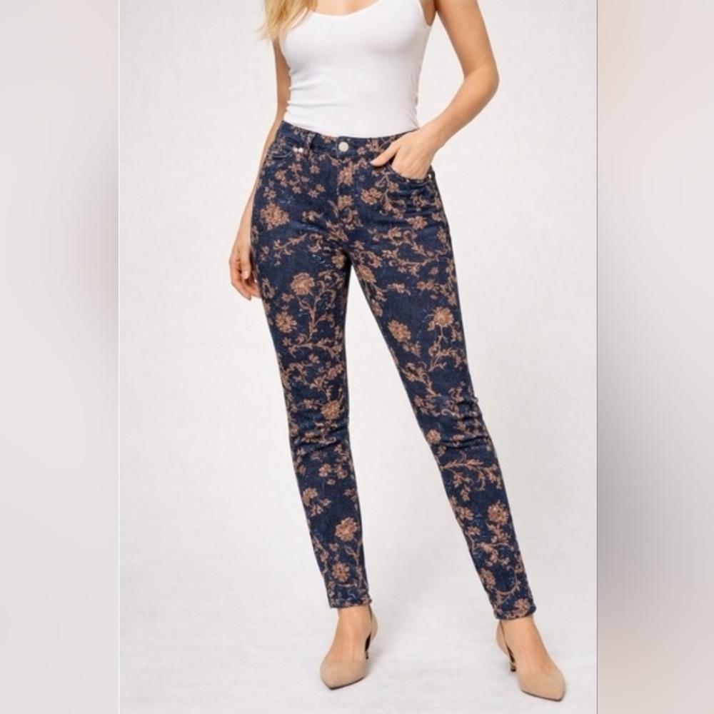 Seven7 Women's Pants Corduroy Floral Print Navy Blue High-Rise Skinny Size 8